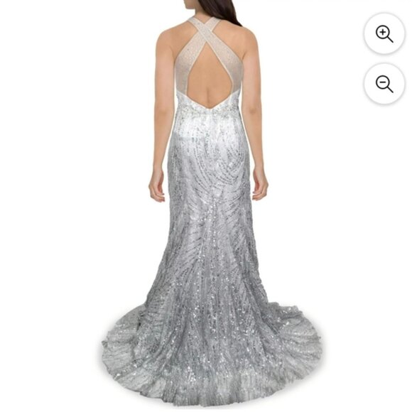 Mac Duggal Sequin Silver Illusion Back Crystal Crisscross Back Gown Plus Size 14 - Picture 4 of 10
